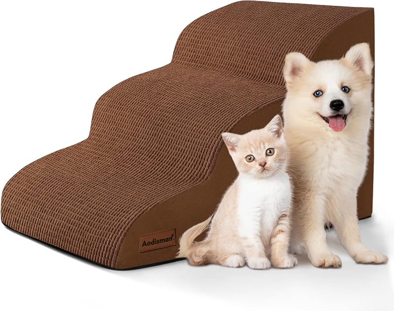 Escada de 3 Degraus para Cães Pequenos e Gatos aodisman com Espuma de Alta Recuperação, AOD-Y02-Brown
