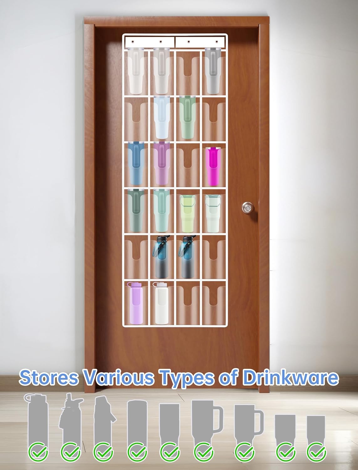 NiHome Clear 24 Pockets Door Hanging Water Bottle Organizer Compatible 40oz Stanley Tumblers, Hanging PVC Storage Holder With Hooks for Cups, Mugs, Foldable, Large Capacity for Kitchen - Image 2