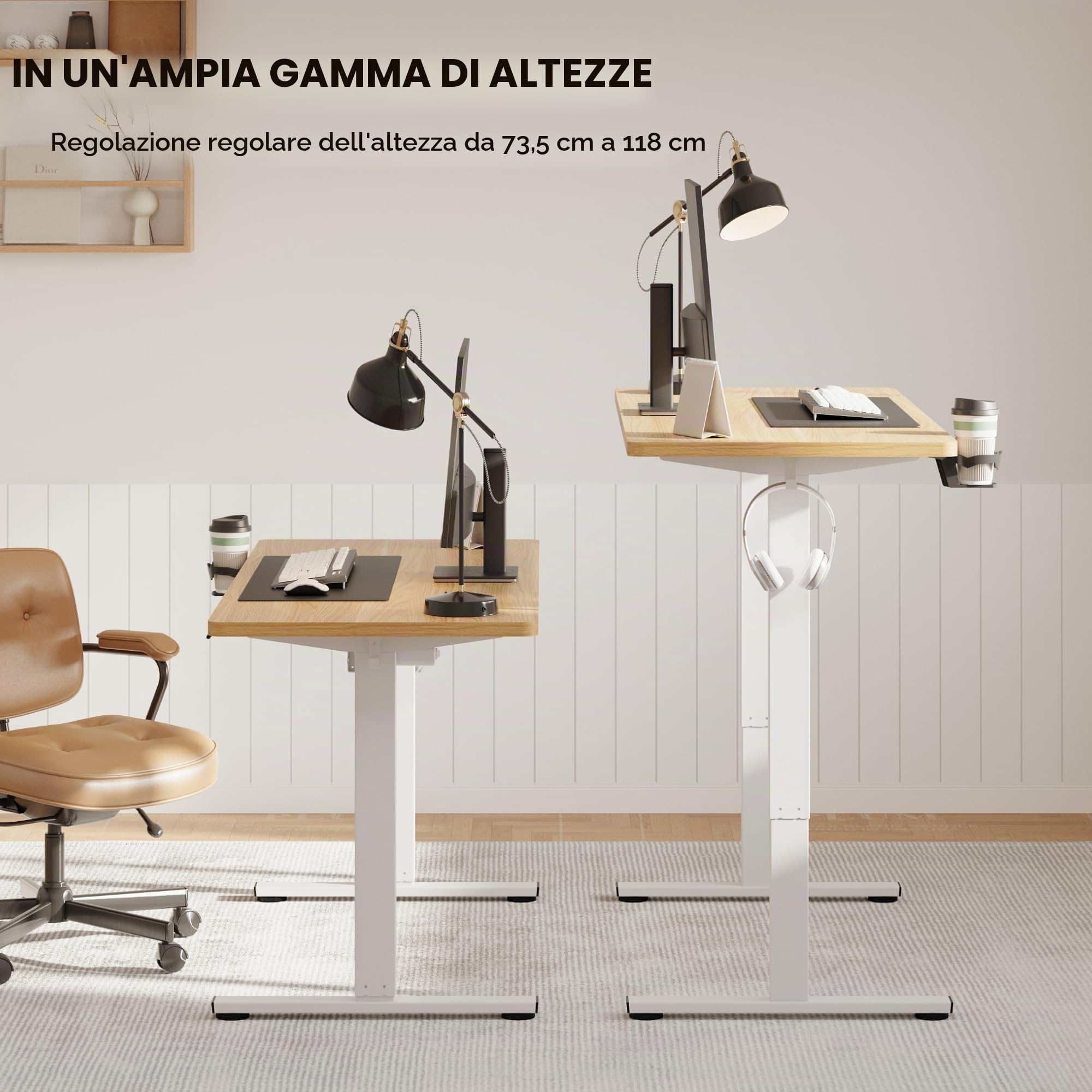 SANODESK Scrivania Regolabile in Altezza con Piano Completo – Inclusi 4 Accessori: Portabicchieri, Gancio, Contenitore e Gestione Cavi, con Funzione di Memoria, per Ufficio e Tempo Libero