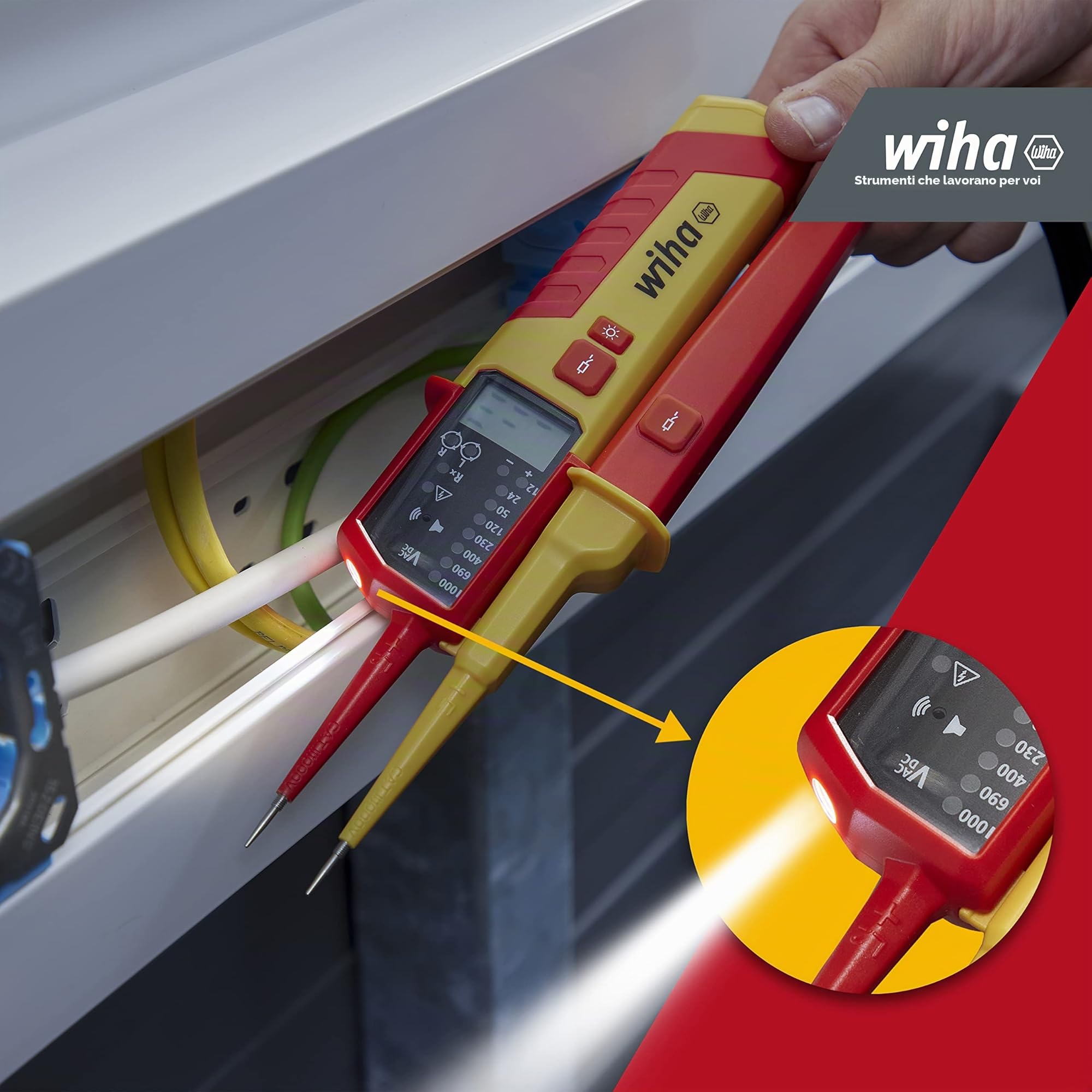 Wiha Tester di tensione e continuità 1.500 V, CAT IV con 2 batterie AAA, compatibile con fotovoltaici, LED/LCD (45217), rosso/giallo | (45217) Tester di tensione e continuità I CAT IV incl. 2 batterie AAA I display LED I tester di tensione bipolare