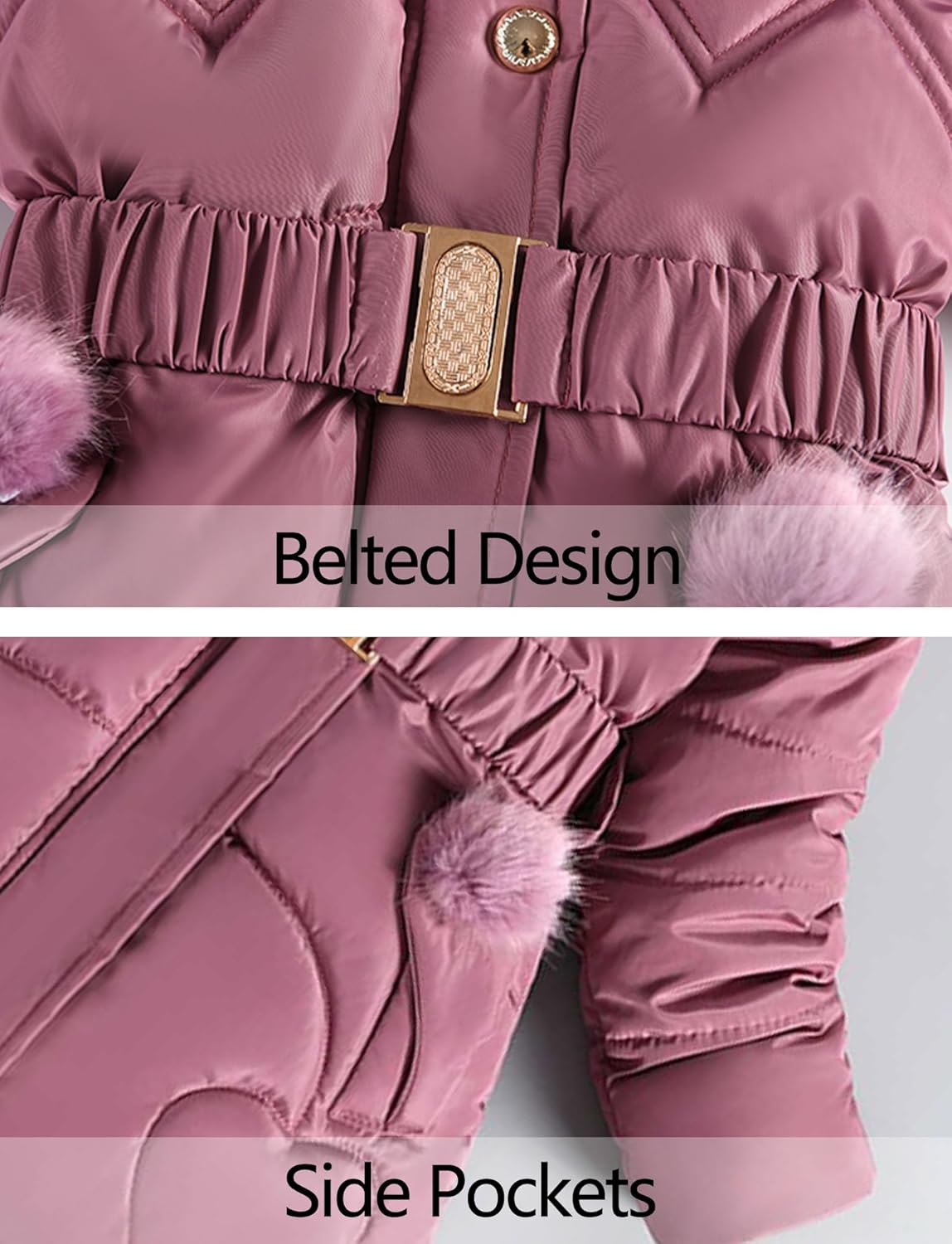 Happy Cherry Girls Winter Coat Heavyweight Fleece Kids Snow Puffer Jacket Hooded Warm With Waist Belt and Pockets - Image 5