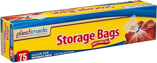Disposable Plastic Storage Bags With Original Twist Tie, 1 Gallon Size, 75 Bags, Great For Home, Office, Vacation, Traveling, Sandwich, Fruits, Nuts, Cake, Cookies, Or Any Snacks (1 Pack)