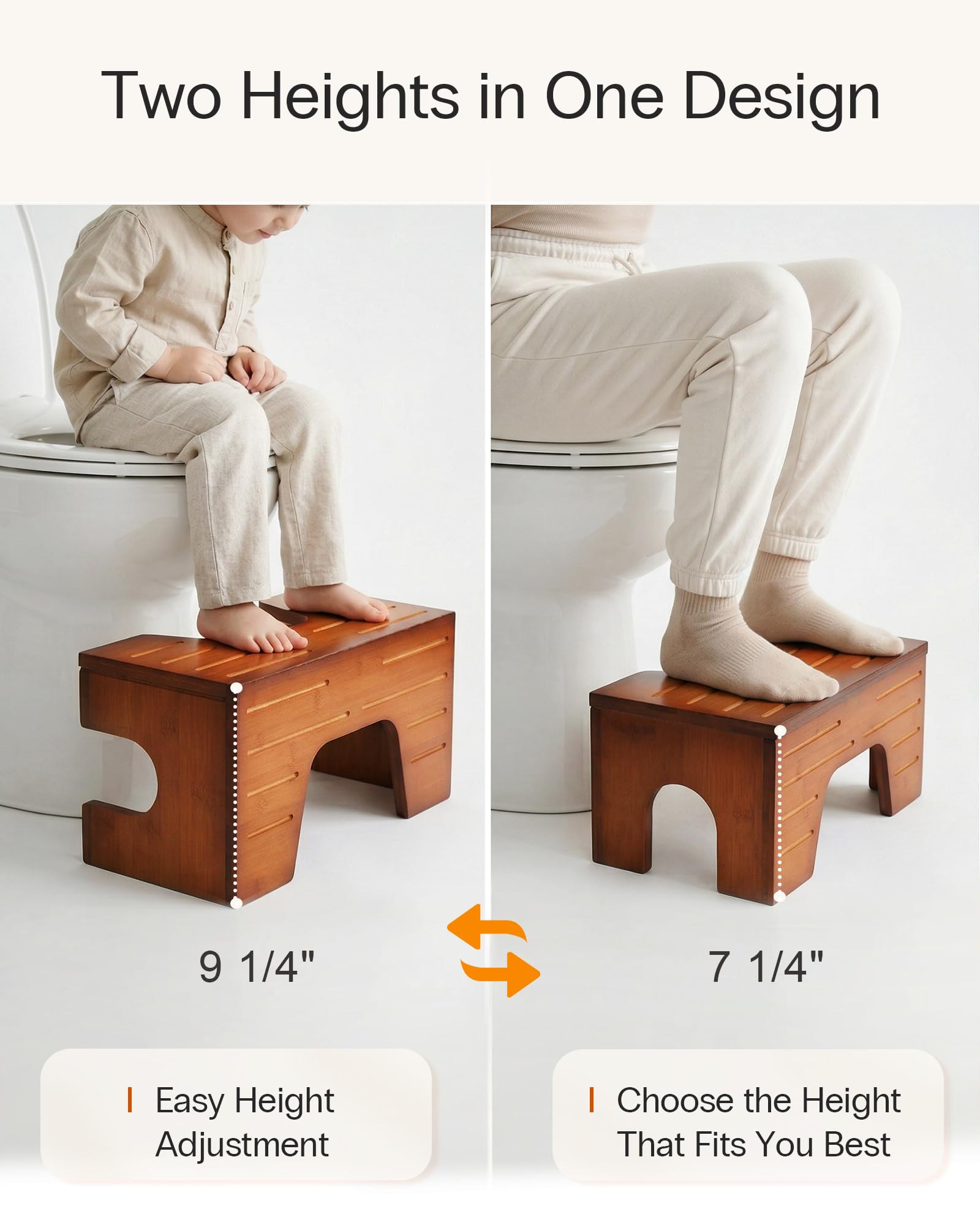 StrongTek Klappbarer Toilettenhocker aus Bambus, höhenverstellbar 18/23 cm, Toilettenhocker für Erwachsene, ergonomische Toilettenhaltung, Rutschfester Badezimmerhocker, faltbar, Rotbraun