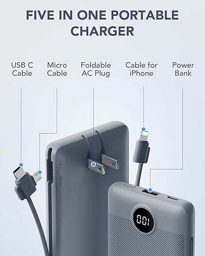 Miniatura 2 de VRURC Cargador portátil con cables integrados y enchufe de pared de CA, cargador de batería USB C de 10000 mAh, batería de viaje, cargador de