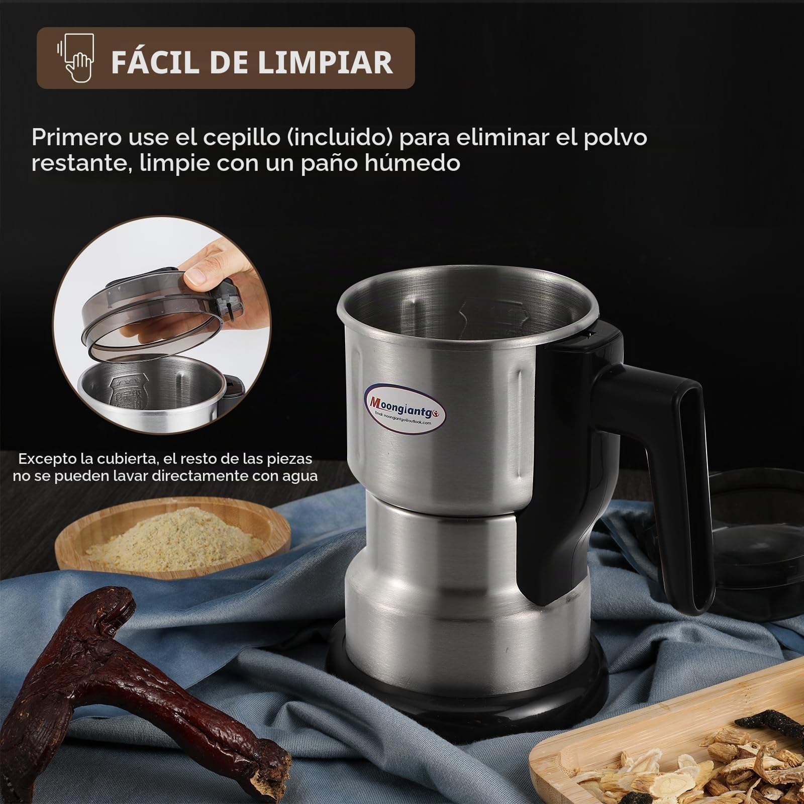 Moongiantgo Molinillo Multifuncional de Cereales, Café y Especias (250W 22000RPM, Capacidad de 200ml, Acero inoxidable, Molienda Ultrafina para Cereal, Frijol, Especia, Café - con Cepillo y Cuchara)