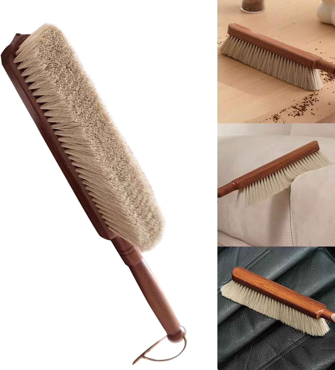 Wooden Dust Brush Soft Dense Hand Broom Brush for Counter Bed Sofa Car Clothes Household Cleaning (Large)