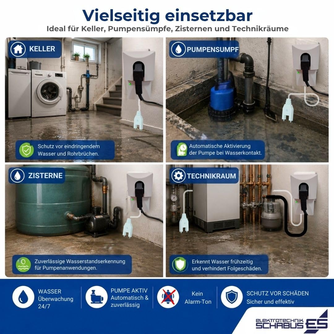 Schabus SHT 218 Wassermelder zur Pumpensteuerung ohne Akustik. Schaltet angeschlossene Pumpe bei Wasserkontakt EIN und nach einstellbarer Nachlaufzeit und Abtrocknen des Sensors wieder AUS.