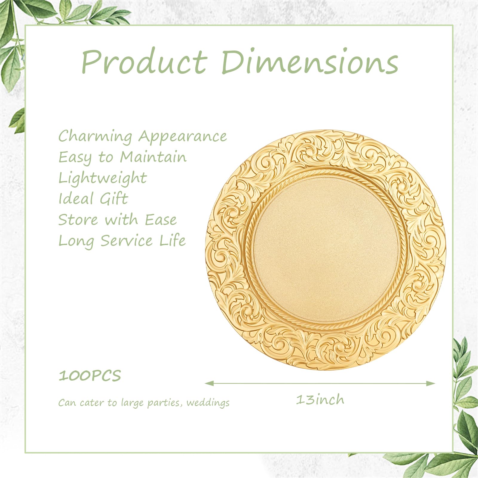 RocoReny Antique Charger Plates Set, 100 Pcs 13in Plastic Embossed Dinner Plate, Round Phoenix Pattern Elegant Floral Plates for Dinner Wedding Party Event Table Setting Decoration (Gold)