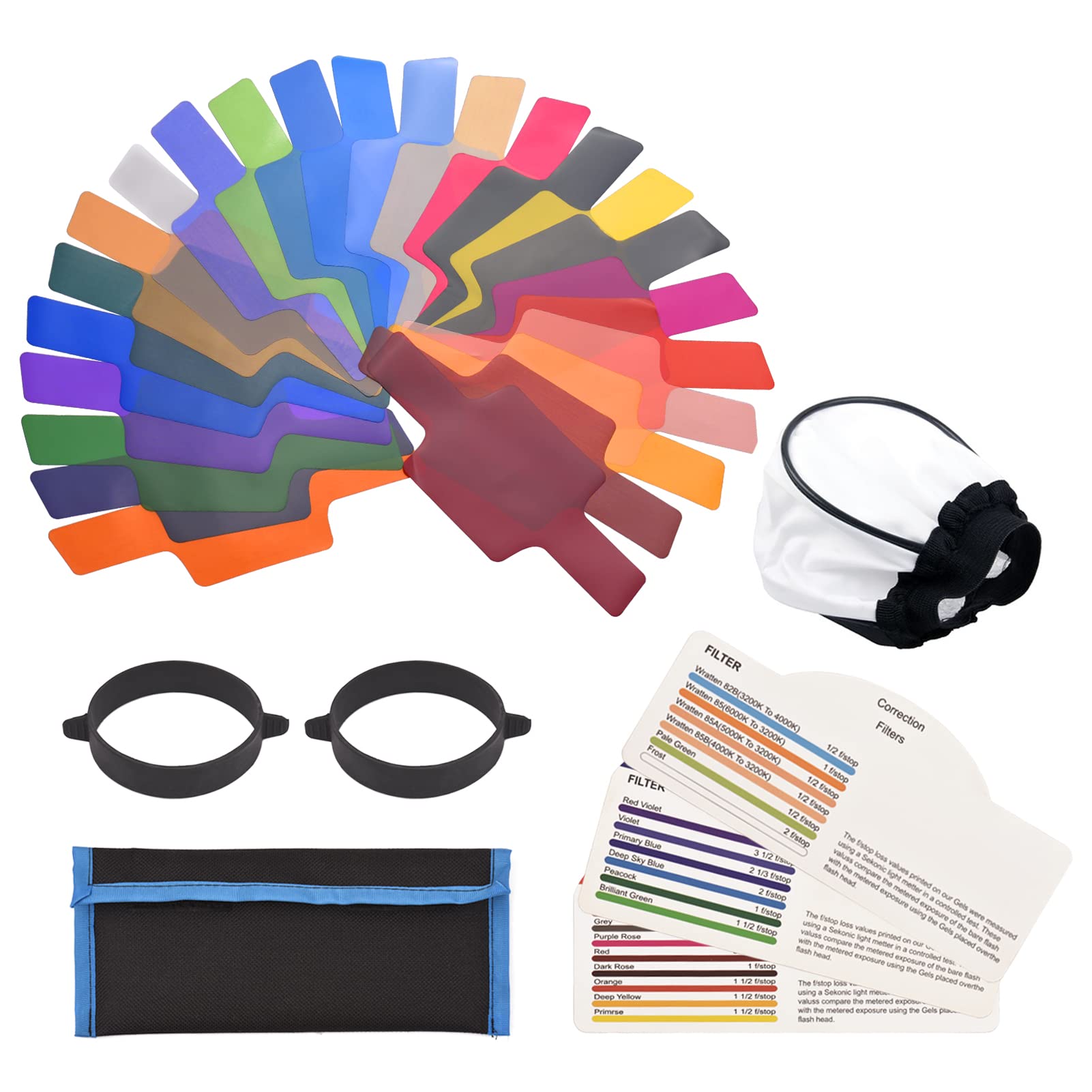 Flash Lighting Filter, 24 pcs/set Universal Flash Lighting Filter Flash Gels Color Correction Filters for Camera Speedlite Flash Light with Carrying Bag, Light Diffuser and Gel-Band