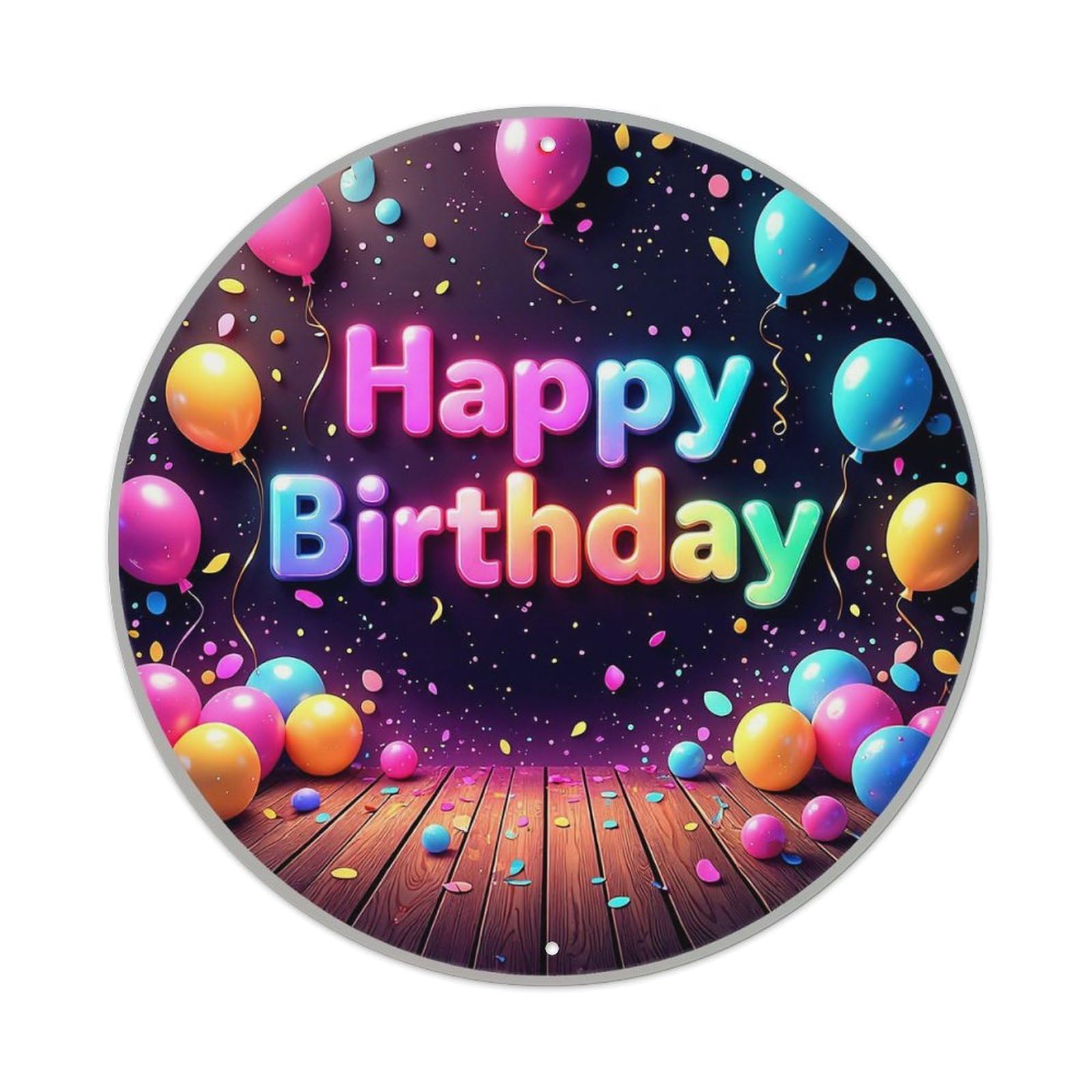 Happy Birthday Balloons Confetti Wood Floor Retro Metal Sign Round Tin Sign, Vintage Decor Art Poster for Bar, Home, Man Cave, Kitchen, Laundry Room Gift 8x8Inch