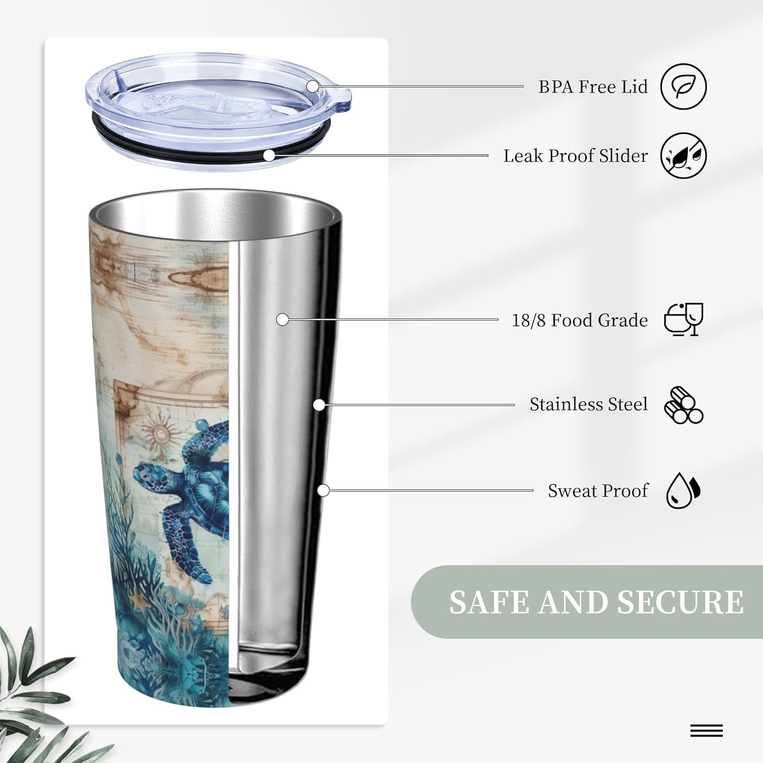 Sea Turtle Tumbler with Lid and Straw 20oz Stainless Steel Travel Mug Vacuum Insulated Water Bottle for Home Office Car - Image 3