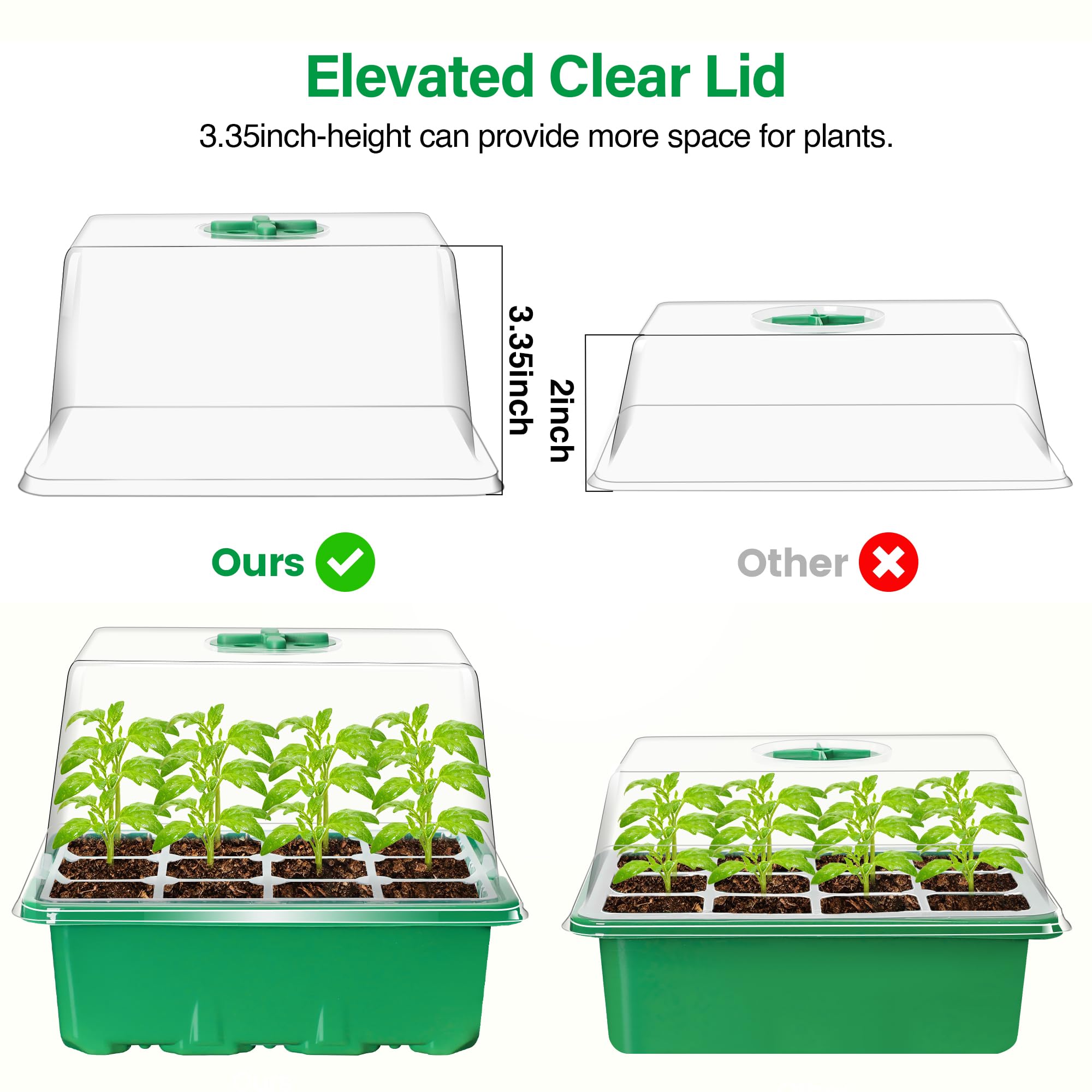 Lot de 5 Plateaux de semis pour semis - Kit de démarrage avec dômes d'humidité et Base pour Serre d'intérieur - Mini Station de Culture pour la Croissance des graines (12 cellules par Plateau) - Vert