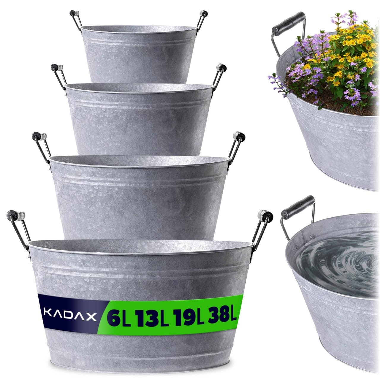 KADAX Lot de 4 bacs en zinc en 4 tailles : 6 l, 13 l, 19 l et 38 l, bac à plantes en acier galvanisé, idéal comme étang de jardin, bac à fleurs et seau à boissons (argenté)