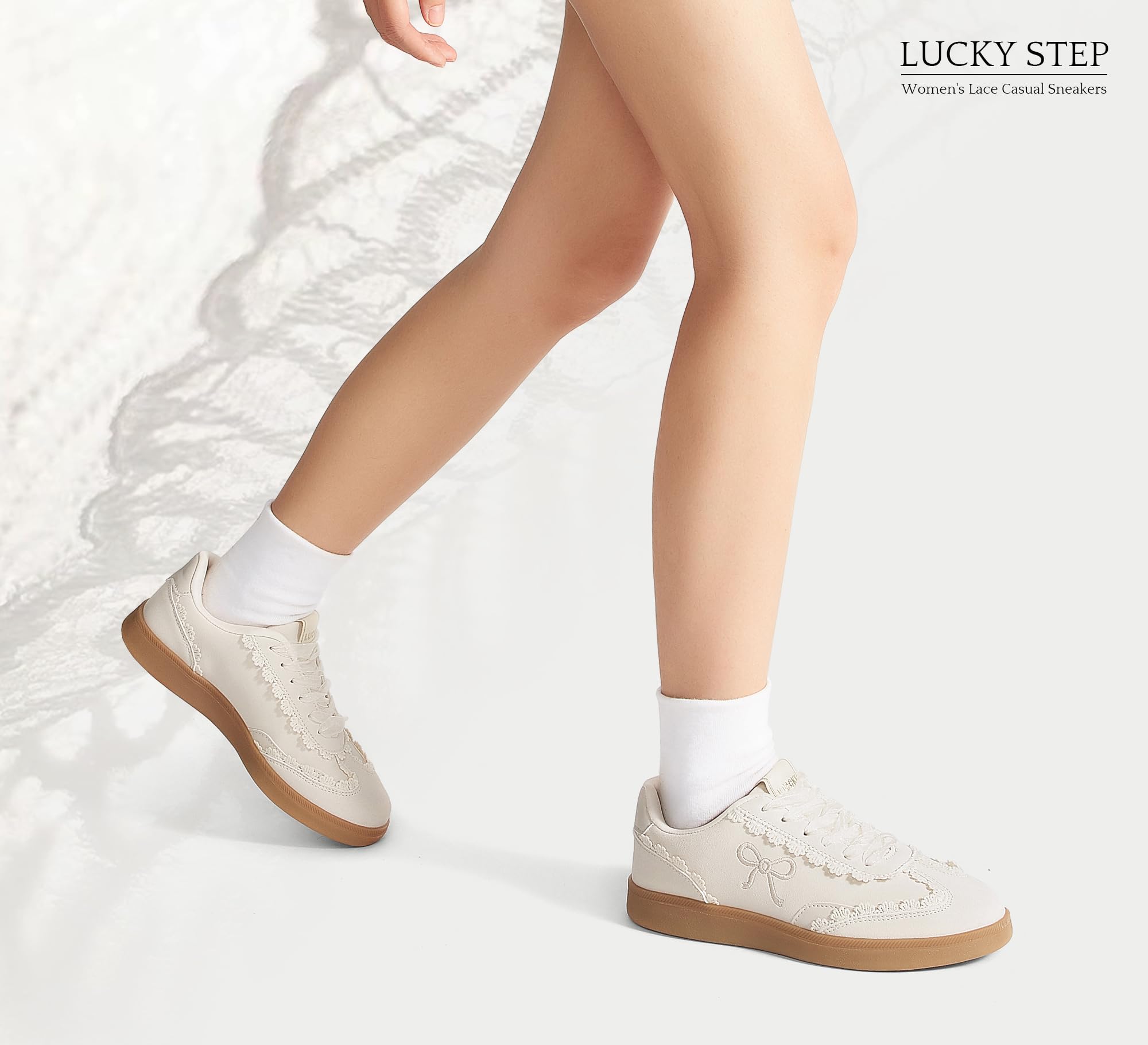 LUCKY STEP Damskie koronkowe detale trampki na co dzień wstążka organza sznurowane moda vintage gumowa podeszwa modne urocze buty