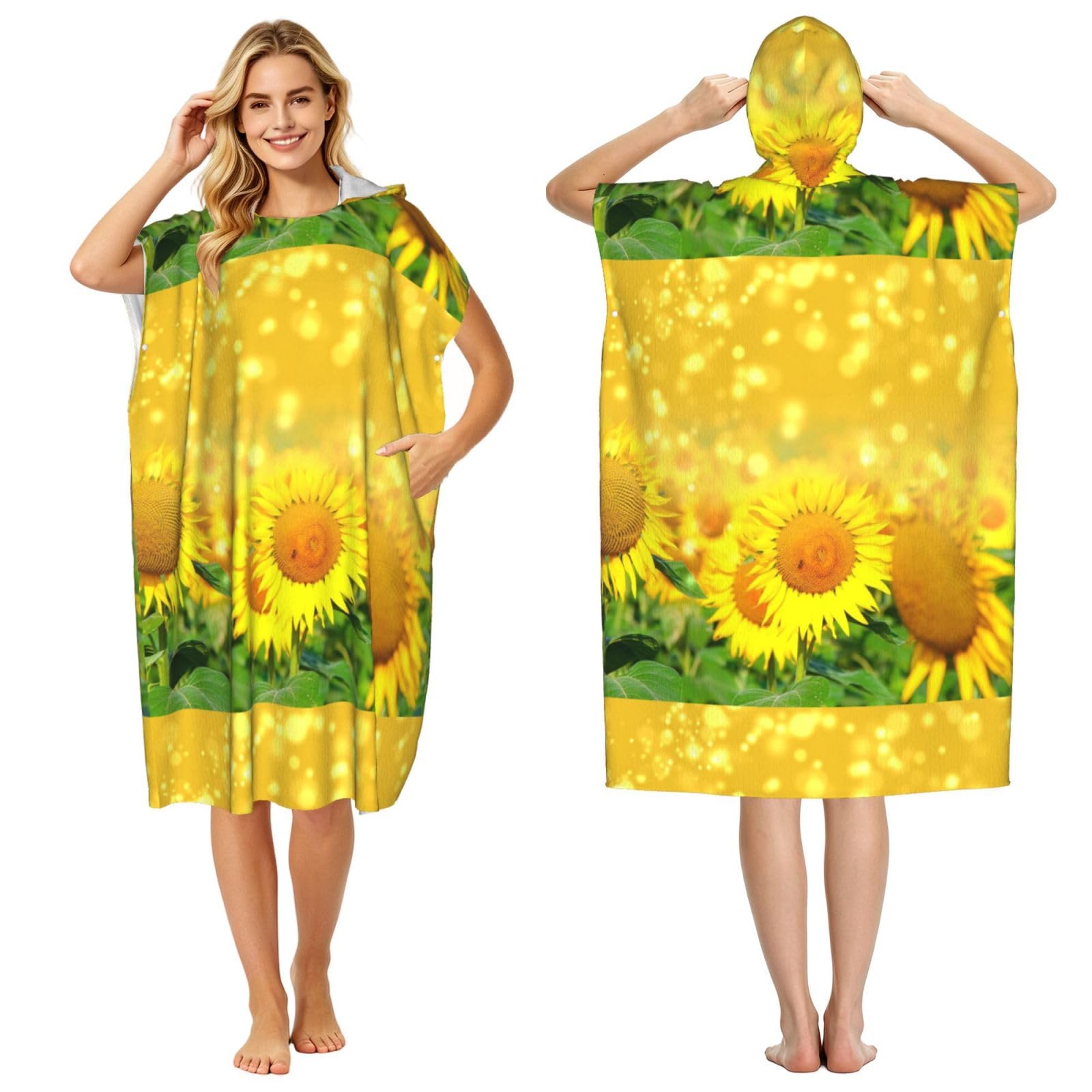 Sunflower Field Print, Adult Hooded Beach Towel 90 x 110 cm,Changing Bath Robe, Surf Poncho Towel For Women Men