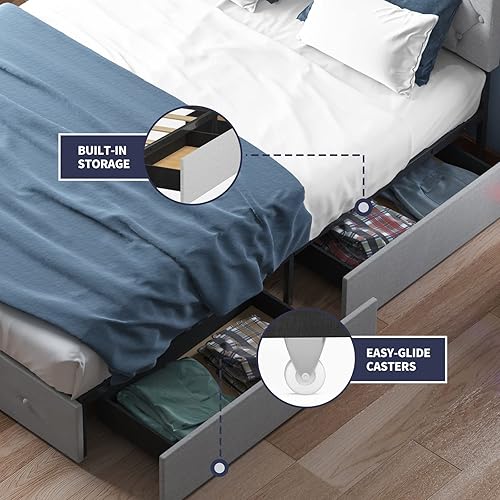 Miniatura 6 de Base de cama de plataforma California King con 4 cajones de almacenamiento, marco de cama Cal King con cabecera de tela, diseño capitoné de botón