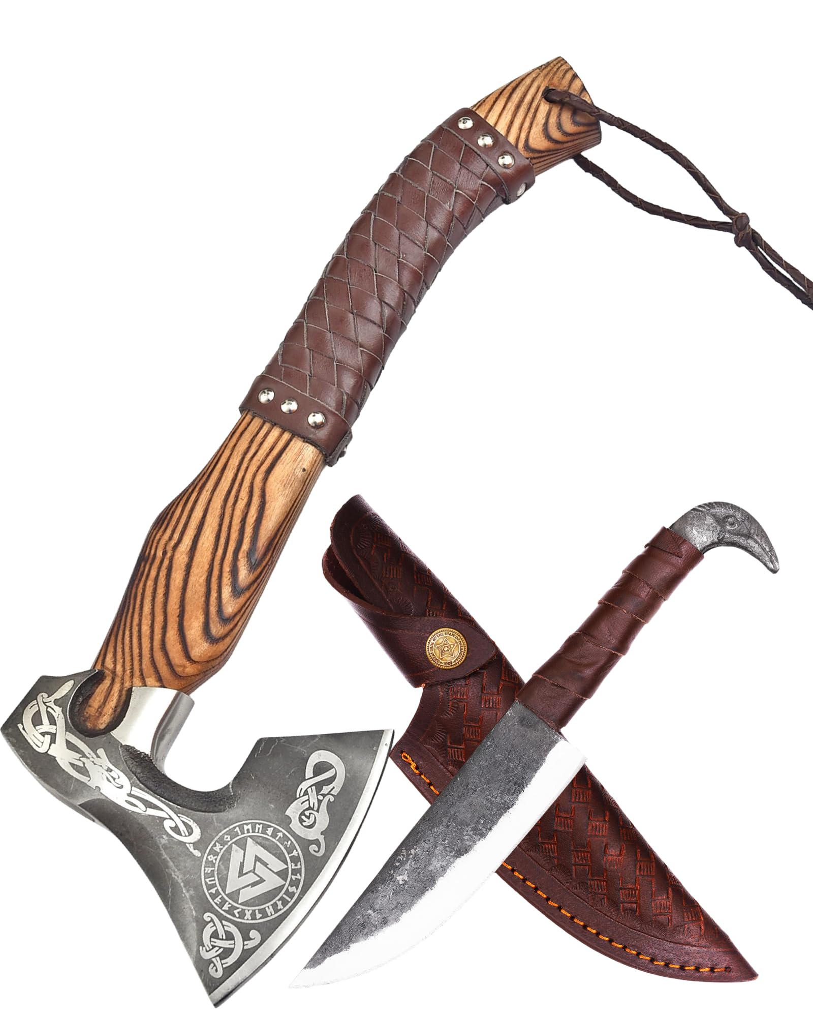 Hacha vikinga - Hacha hecha a mano 2 en 1 y cuchillo de cabeza de gallo. Mango de 48 cm de madera de arce. Hoja afilada de acero al carbono 1095 con funda de cuero