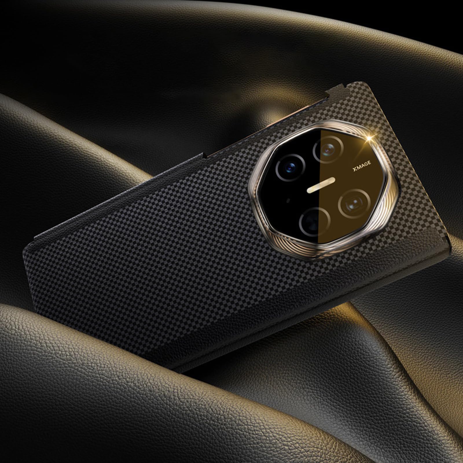 Housse pour Huawei Mate XT, Charnière Antichoc Coque Arrière en Cuir Fibre De Carbone Texture Mince Luxe Protection Étui,Noir,Mate XT