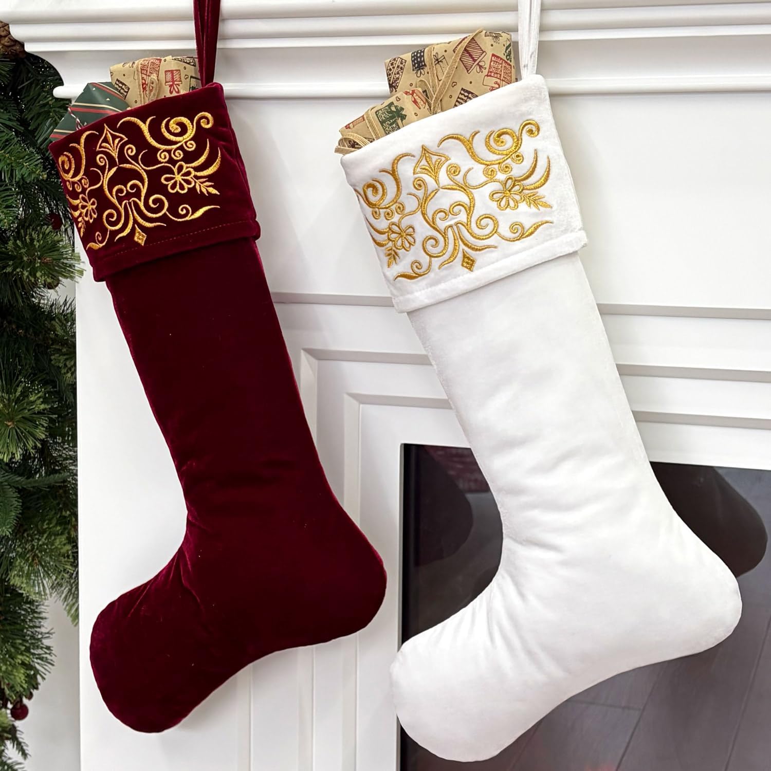 Set of 2 Velvet Christmas Stockings with Gold Damask Embroidery and Microfiber Lining, Oversized 24-Inch Cuff-to-Toe, Burgundy & Ivory