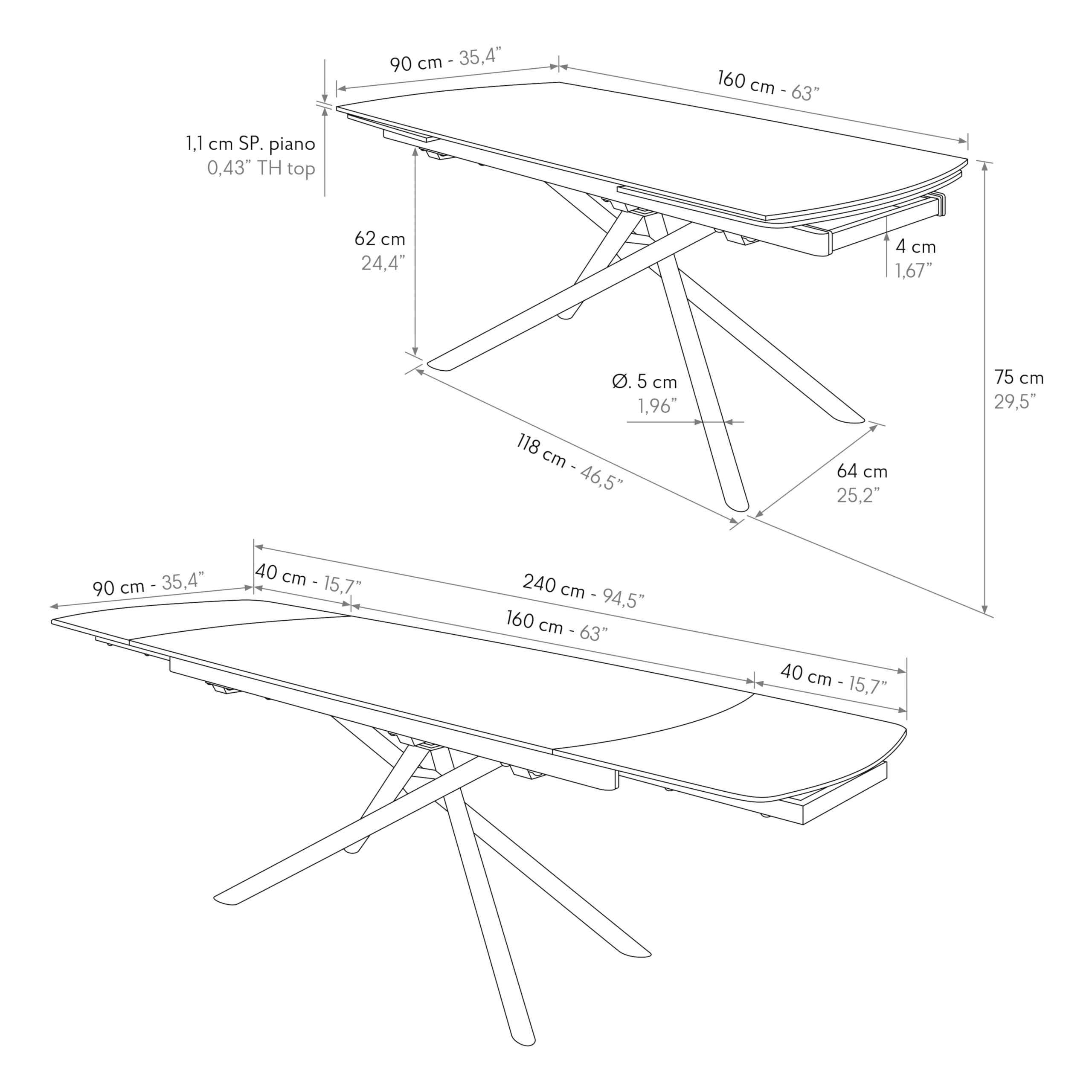 PAZZO DESIGN Tavolo Allungabile Fabiano, Piano Ceramica Bianco Statuario, Gambe in Metallo Tubolari Nere, Cucina, Salotto, Ceramica, 160 x 90 x h75 cm - id_2215