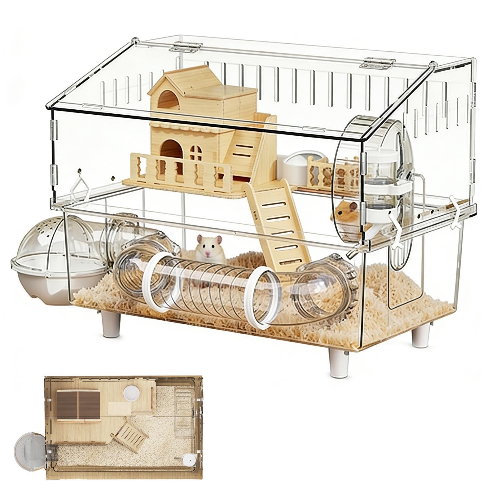 Gran Jaula para Hámster Claro de 2 Pisos, Parque para Chinchilla | Jaula para Hámster para Observación de Animales Pequeños en Interiores y Exteriores