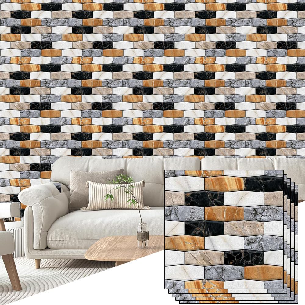 Goodern 3D Wall Panels Peel and Stick Wallboard,10 PCS Indoor Wall Decor PVC Waterproof Backsplash Self-Adhesive Dimensional Aluminium Foil Wallpaper for Kitchen, Bathroom, Bedroom Decorative-C