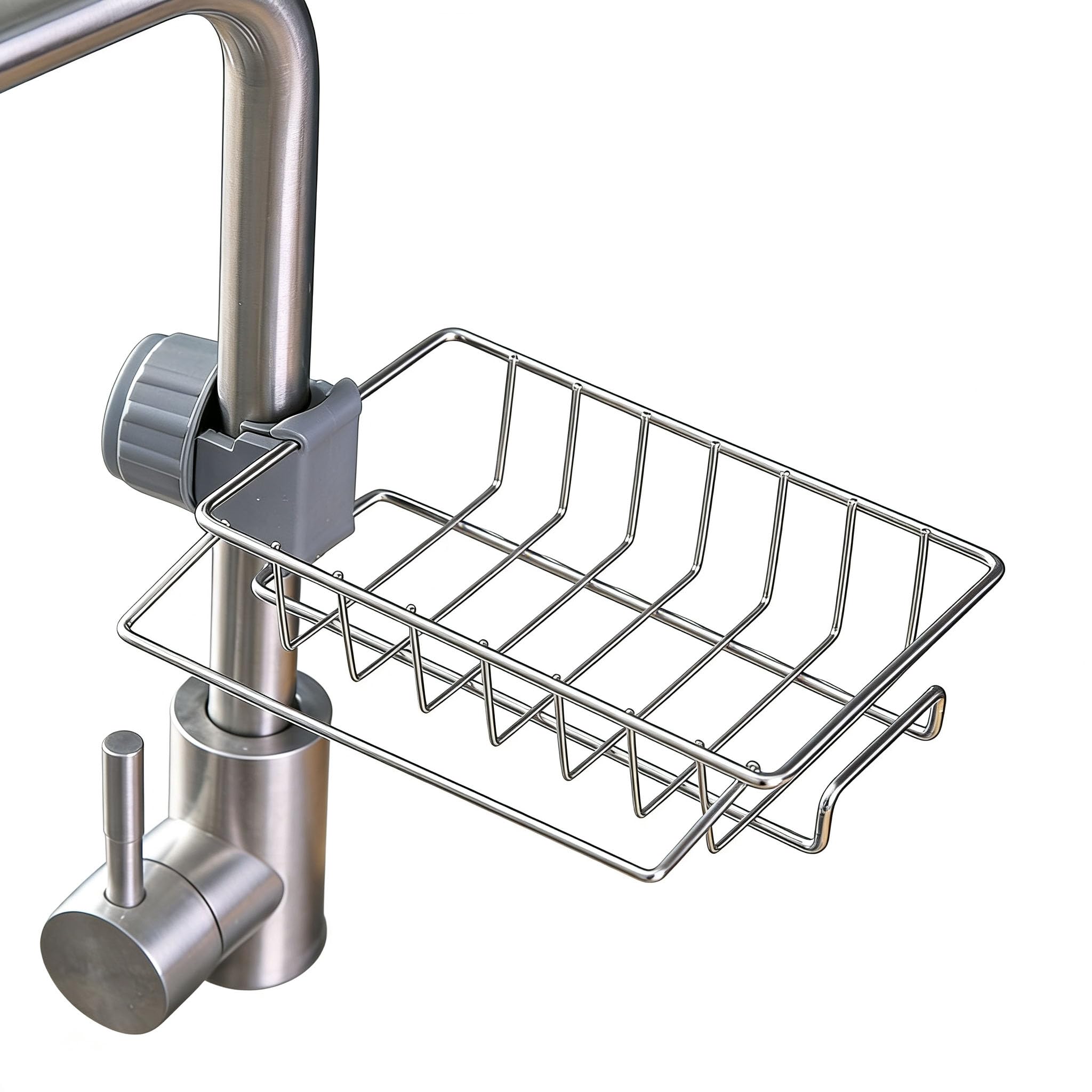 No Drill Kitchen Rack 304 Stainless Steel Shower Caddy with Towel Bar,Rustproof Sink Organiser for Sponges and Dishcloths, Clip-On Faucet Shelf for Bathroom, Hanging Basket for Riser Rail 18-27mm