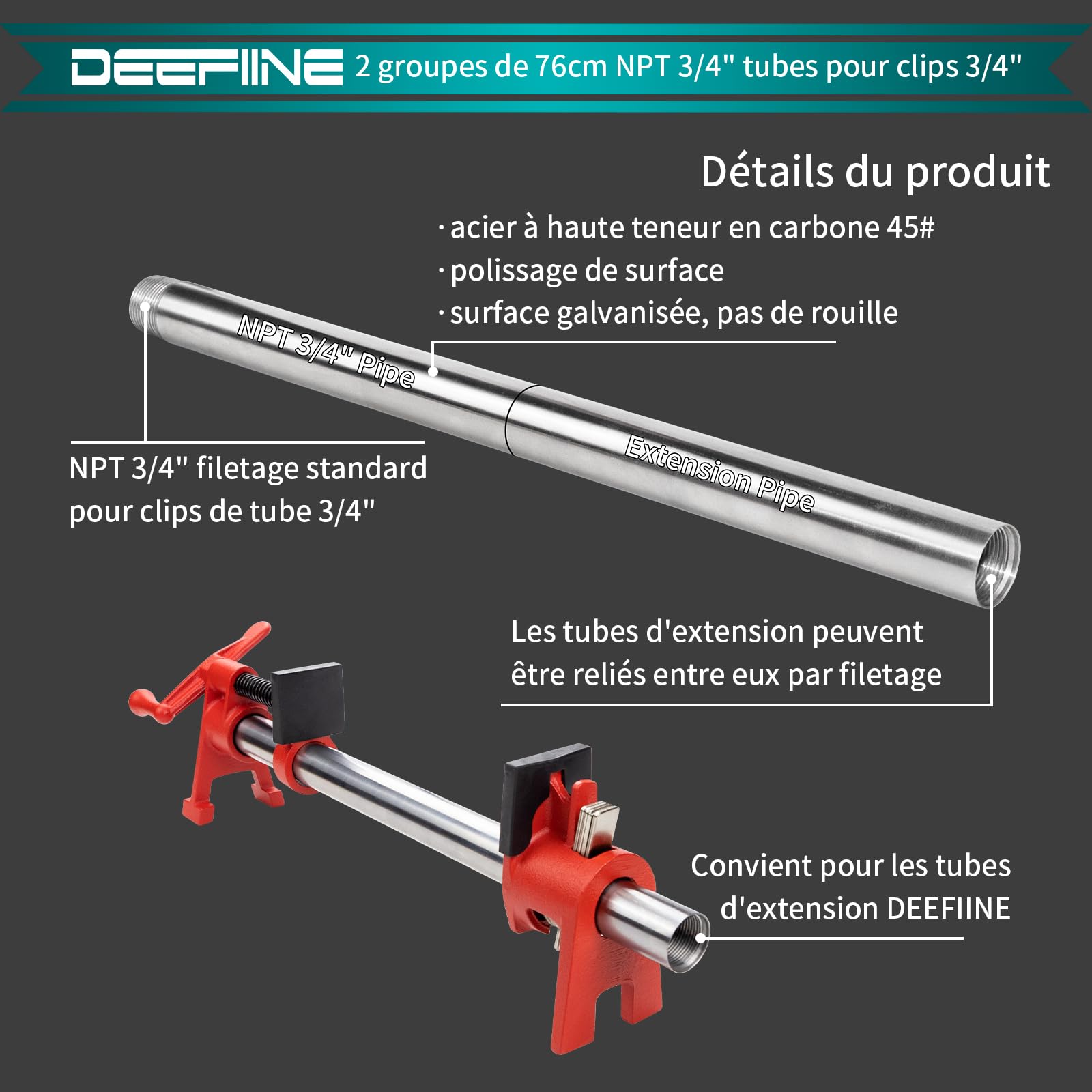 2 pièces 76cm 3/4 pouces mâle carte manchon Casting tube de tuyauterie en acier inoxydable avec tuyau d'extension de 76cm