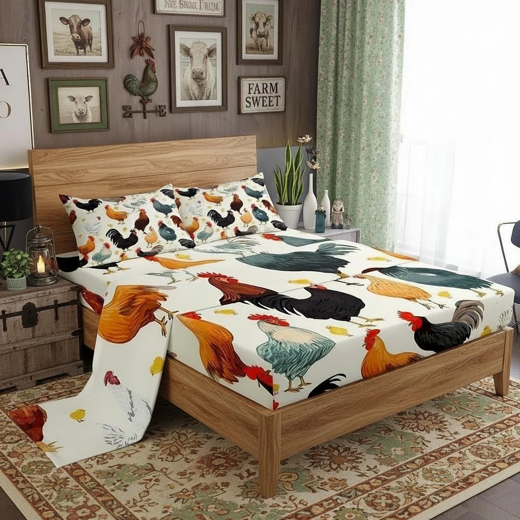 Castle Fairy Farmhouse Style Bed Sheet Set 4 Piece,Cute Chickens Livestock Sheets Full Size Bed Set,Rustic Animal Theme Bedding Set with Flat,Fitted Sheet,2 Pillow Cases