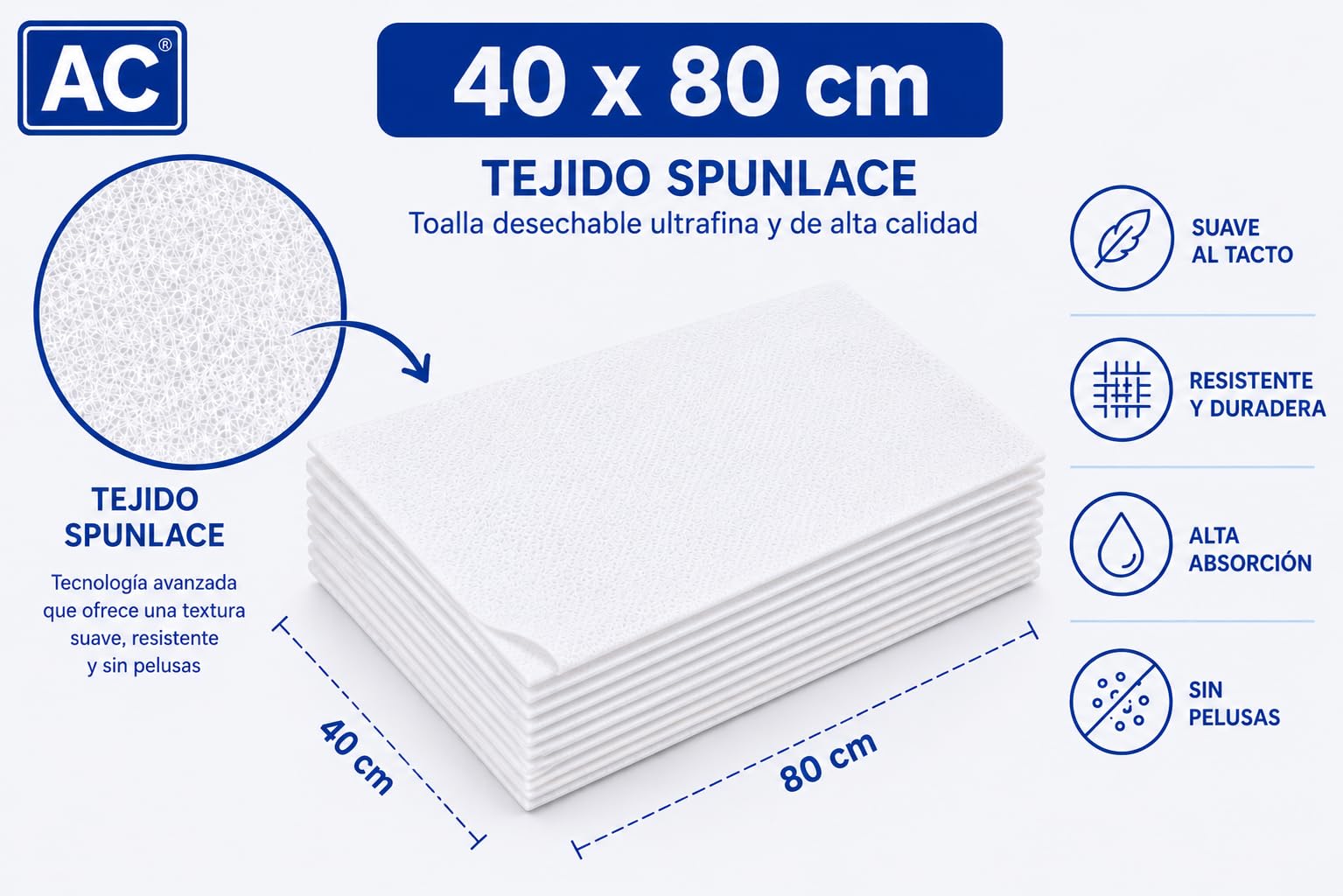 Toalla Desechable Spunlace 40x80 cm 100 unidades Blanco Suave Absorbente