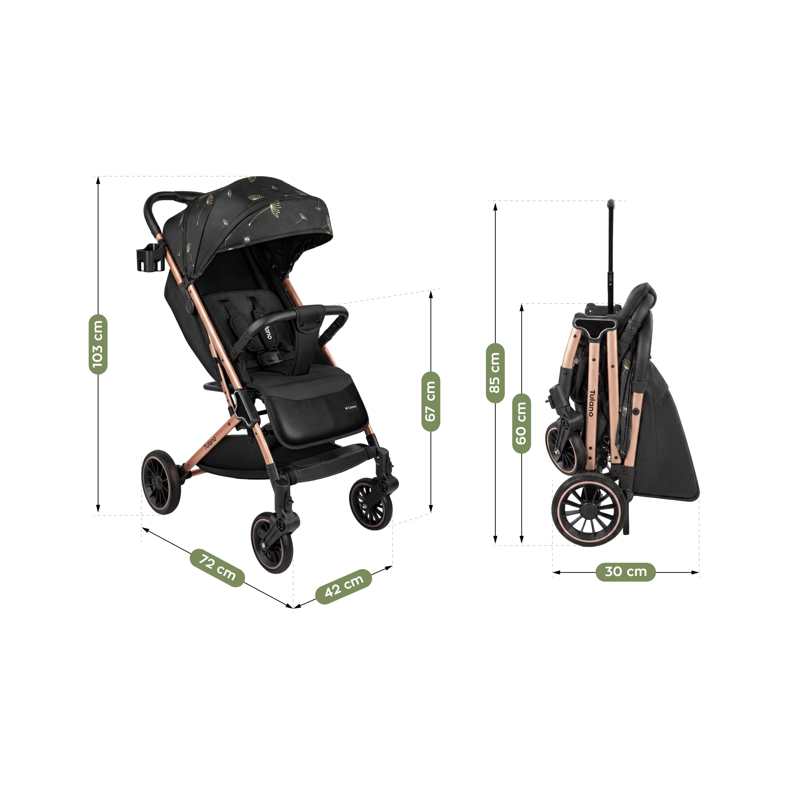 TULANO Lagos 35 Kinderwagen Buggy Klein Zusammenklappbar Reisebuggy mit Liegefunktion Trolley-Funktion Zubehör Flugzeug Handgepäck Baby Buggy bis 15 kg Beige/Geld