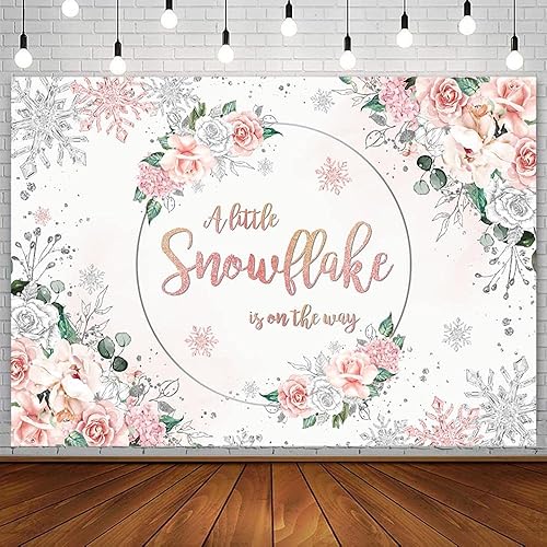 Telón de fondo de invierno de 7 x 5 pies para baby shower de niña rosa rubor plateado copo de nieve floral del país de las maravillas fondo de