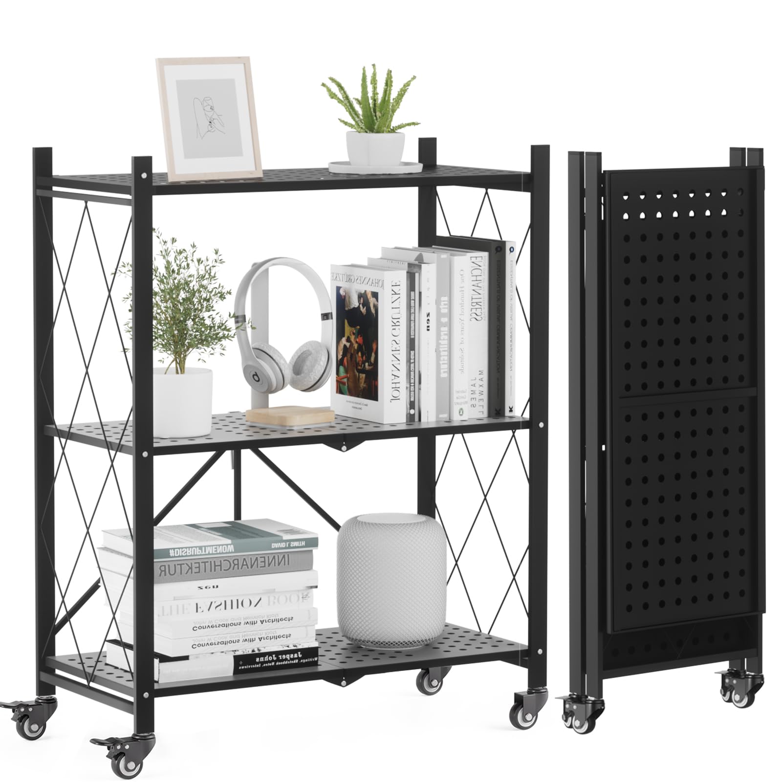 ALANNG Estante plegable de 3 niveles con ruedas, carrito de almacenamiento
