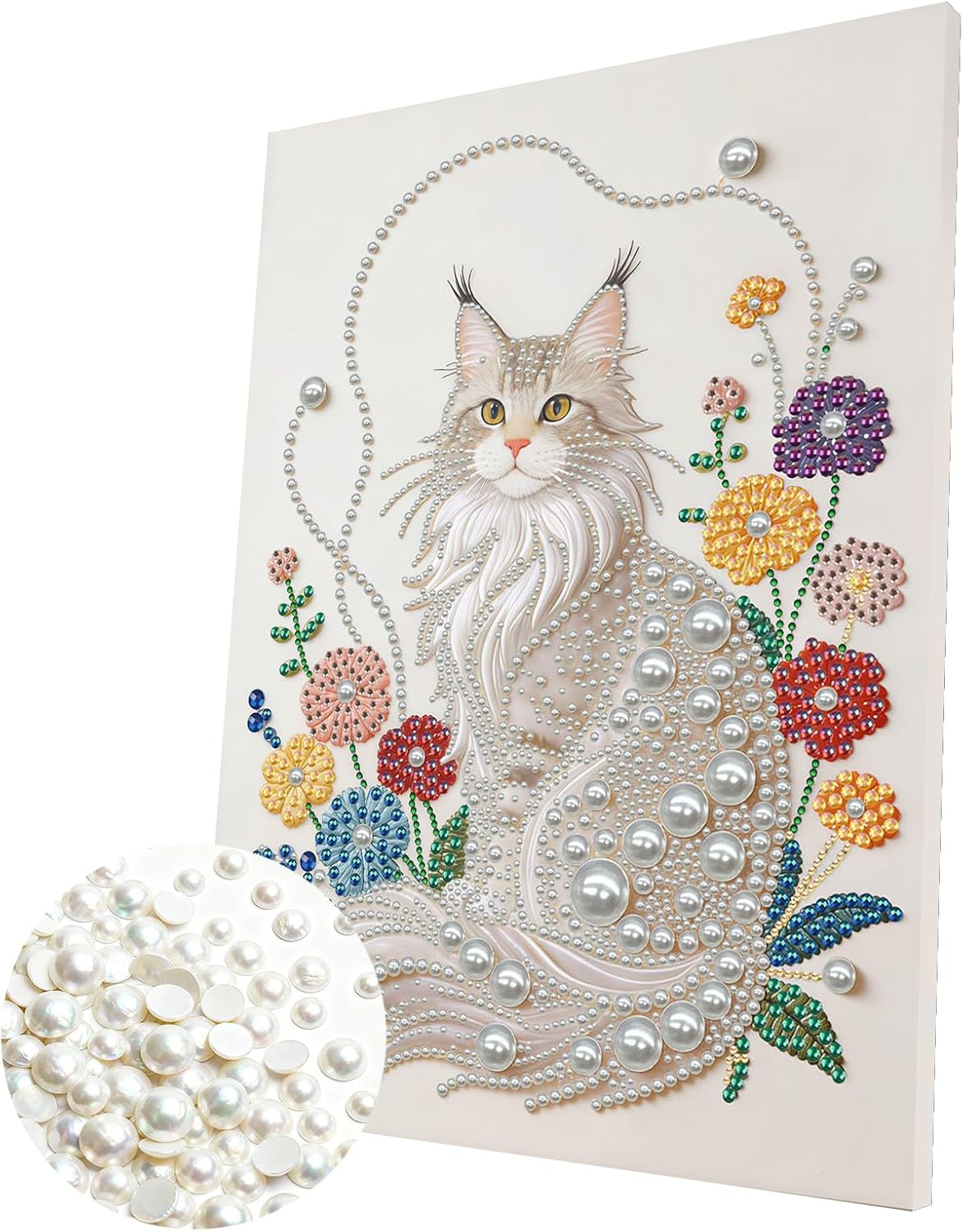 POETRYDRAW DIY Diamond Pearl Painting Kit for Adults Cat Flower, Beginner Friendly Craft Kits with Frame 30x40cm, Home Decor Housewarming Gift, Diamond Dots Beads Canvas Art for Wall Decor
