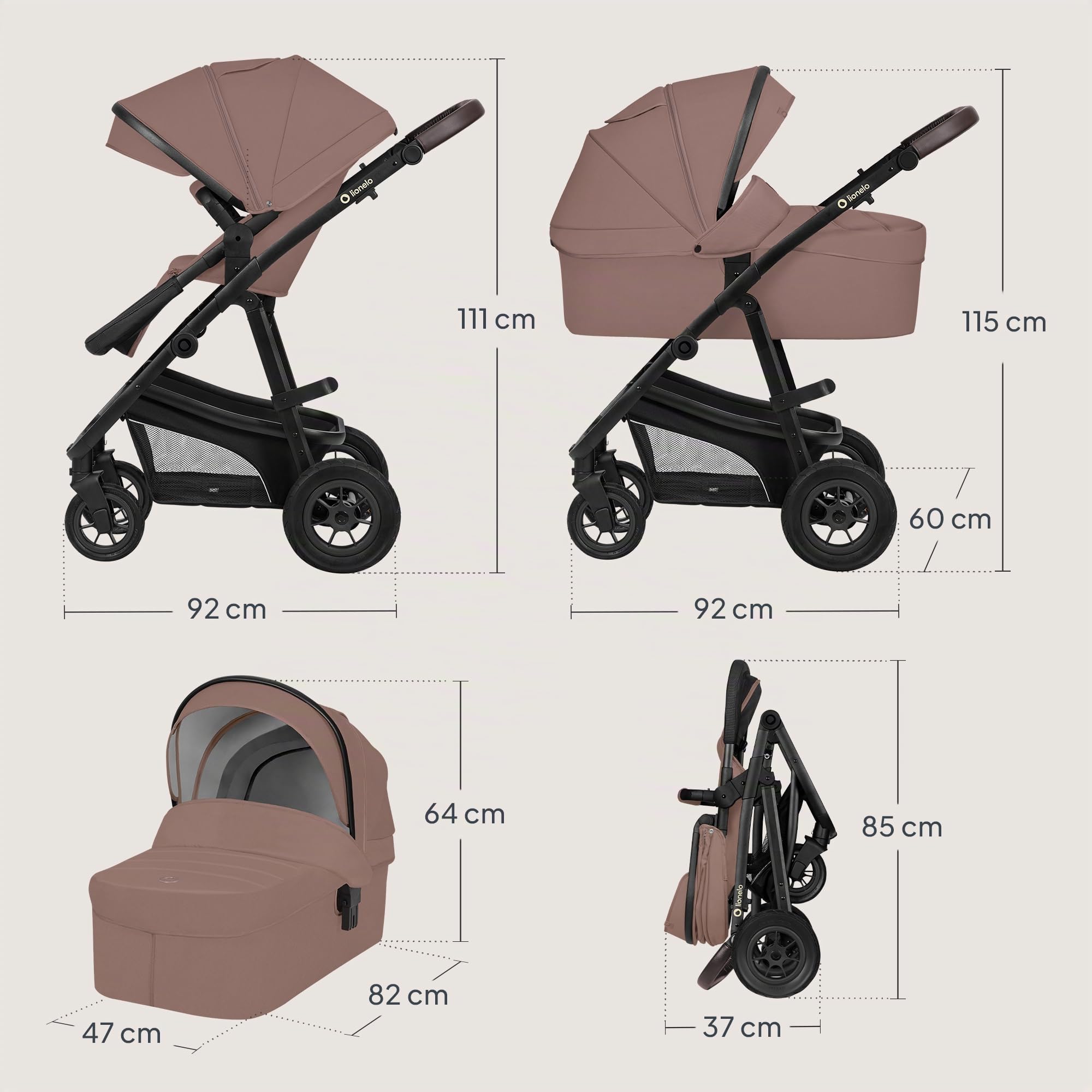 LIONELO Bianka Passeggino Trio 3in1 con Navicella Ovetto, Bambini 0-48 Mesi | Fino a 22 kg, Ovetto, Seduta Reversibile, Ruote Grandi, Cappottina XXL UPF50+, Pieghevole