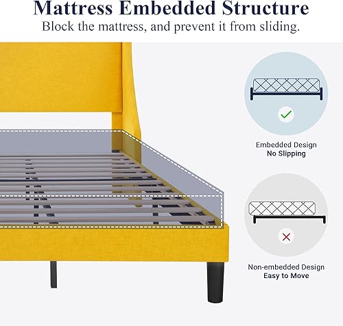 Miniatura 45 de Allewie Marco de cama de plataforma moderna, tamaño queen con respaldo de orejas, tapizado, con cabecera, soporte de listones de madera, base de