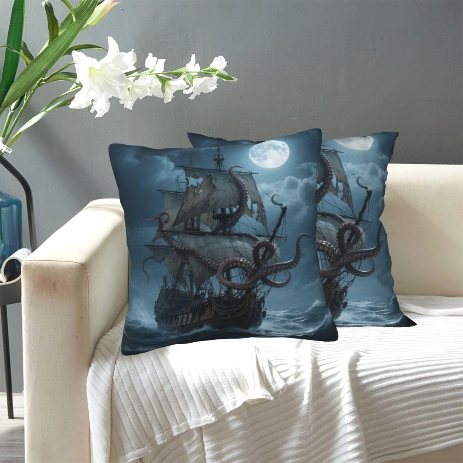 FekiLoot Decorative Throw Pillow Covers Modern Farmhouse Pillowcase Double Sided Cozy Cushion Cover for Sofa Couch Bed 20"X20" Octopus Kraken Pirate Ship Ocean