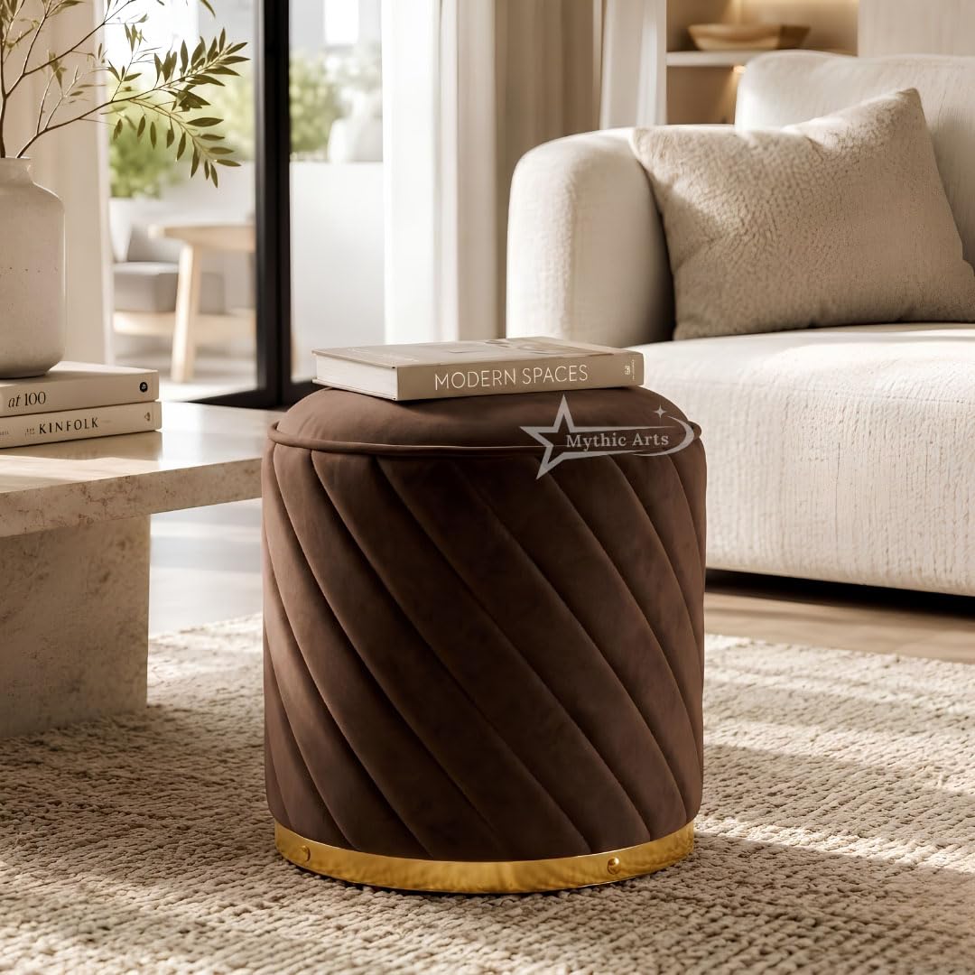 Ottoman Stool, Puffy Stool, Sitting Stool, Modern Upholstered Round Ottoman, Dressing Table for Living-Brown-image-44