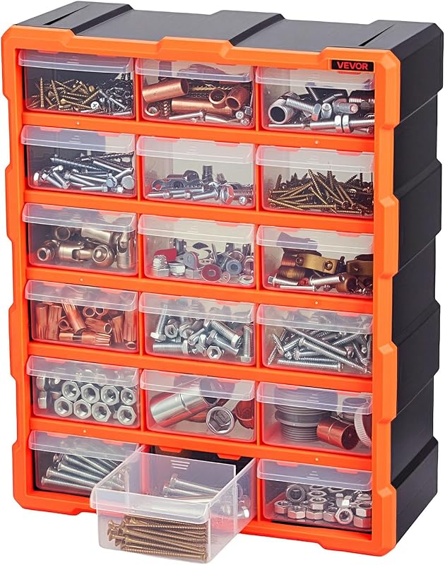 VEVOR 18-Drawer Storage Organizer, Plastic, Drawer Storage Cabinet for Garage Organization, Stackable Small Parts Organizer, Wall-Mounted Toolbox, for Hardware, Beads, Screws, Crafts, Building Bricks