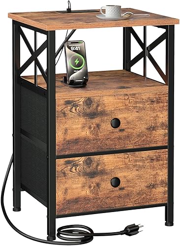 AMHANCIBLE Mesa auxiliar para sala de estar con estación de carga, mesa auxiliar con cajón de tela, mesa auxiliar pequeña con puertos USB y salidas