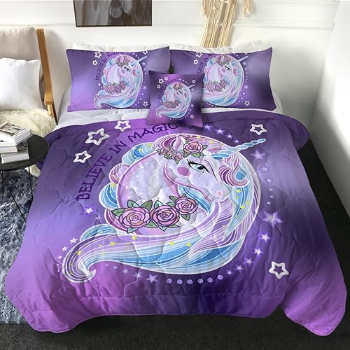 Sleepwish Unicorn Princess Comforter Set Queen Size for Kids Girls Purple Roses Unicorn Bedding Set 4 Pcs with 2 Pillow Shams 1 Cushion Cover