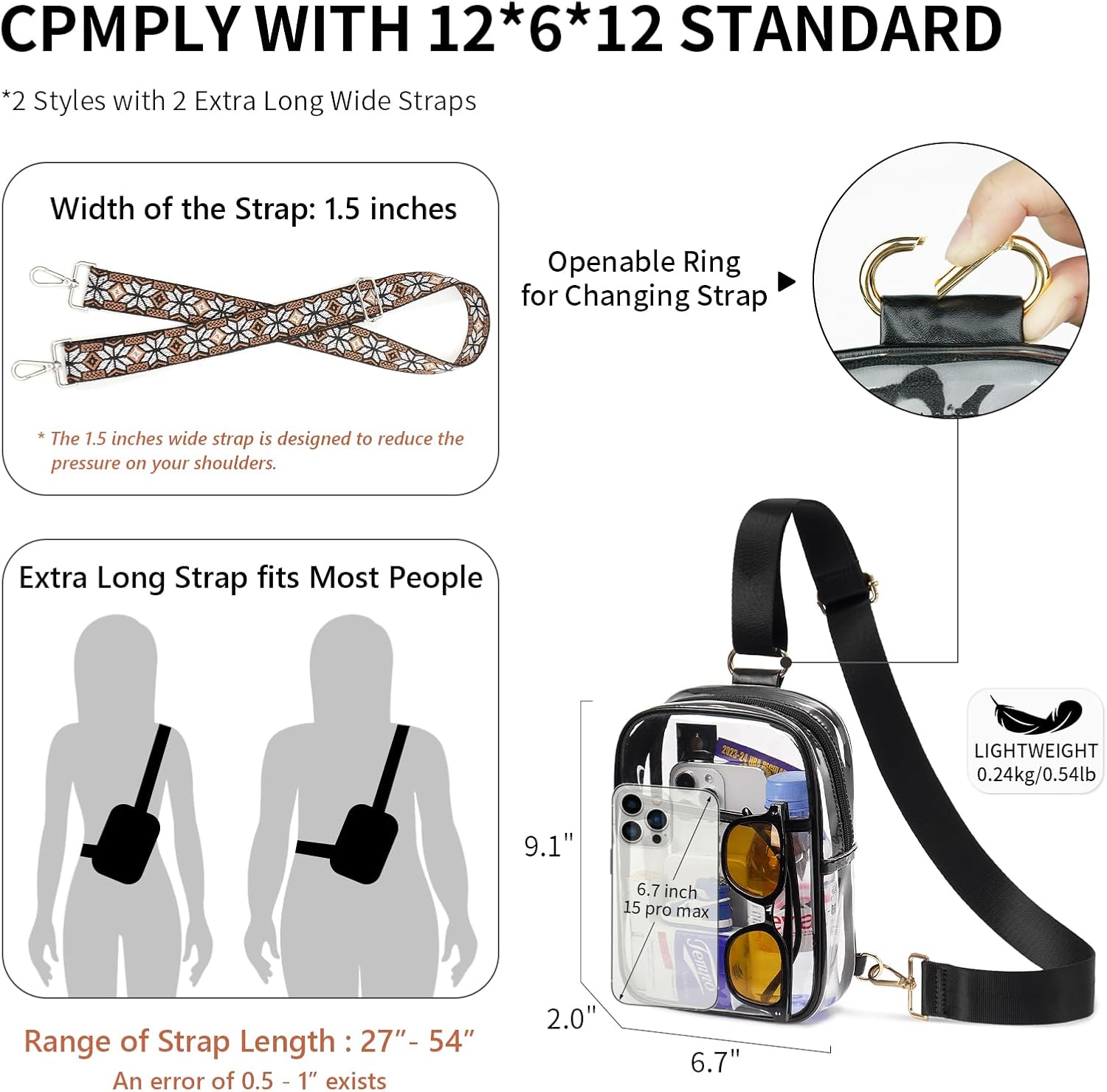 3 Pockets Clear Bag for Stadium Events with 2 Long Straps Sling Backpack Fanny Pack Concert Crossbody Purses for Women - Image 5