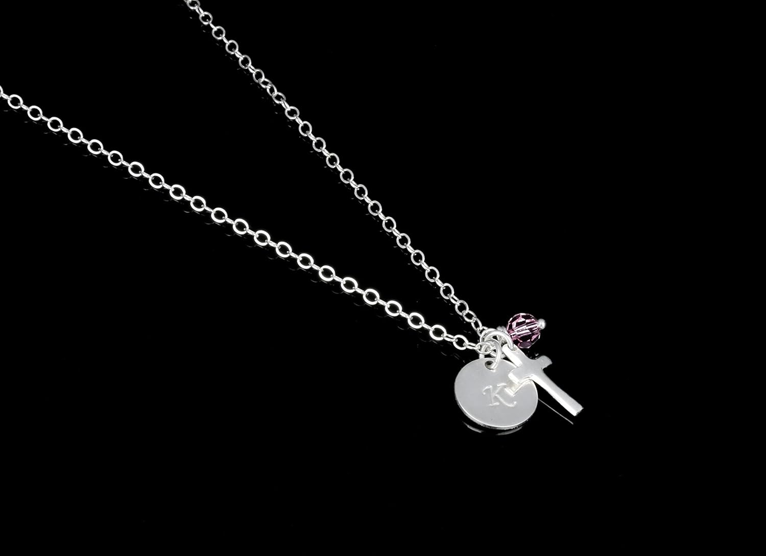 God Daughter Gift, Cross Initial Birthstone Necklace, Sterling Silver Baptism - Confirmation - First Communion Gift