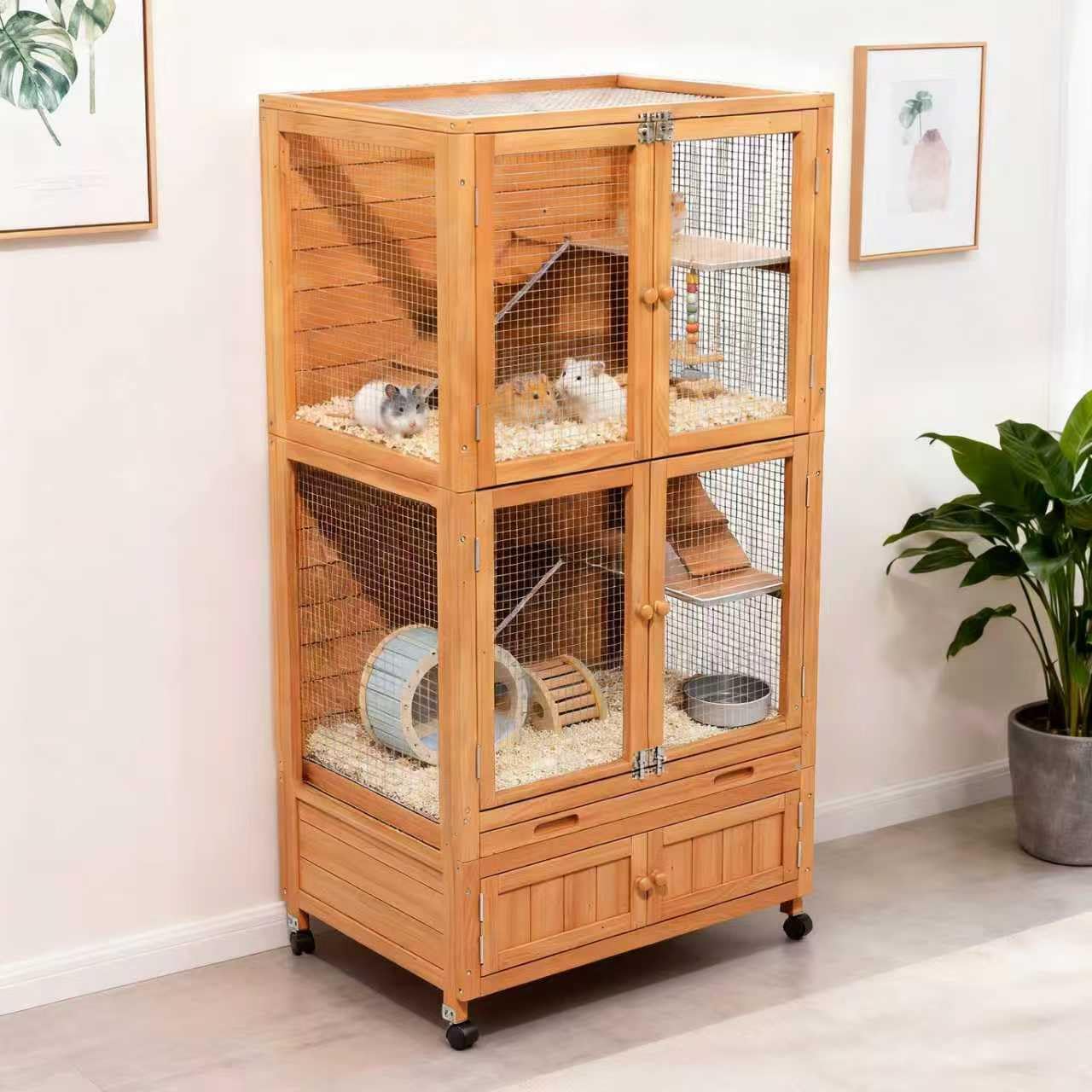 Wooden Hamster Cage, Large Double-Layered Rat Cage with Storage Area, Deep Pull-Out Tray, and Aesthetically Pleasing and Convenient Magnetic Door Design.(Wood Color)