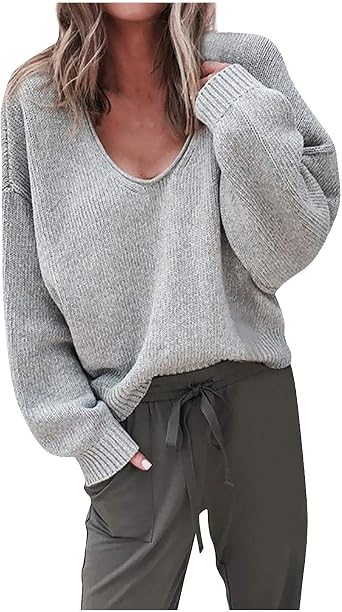 Womens Sweaters 2025 Fall Fashion Trendy V-Neck Knit Tops Loose Fit Long Sleeve Solid Color Pullover Clothes