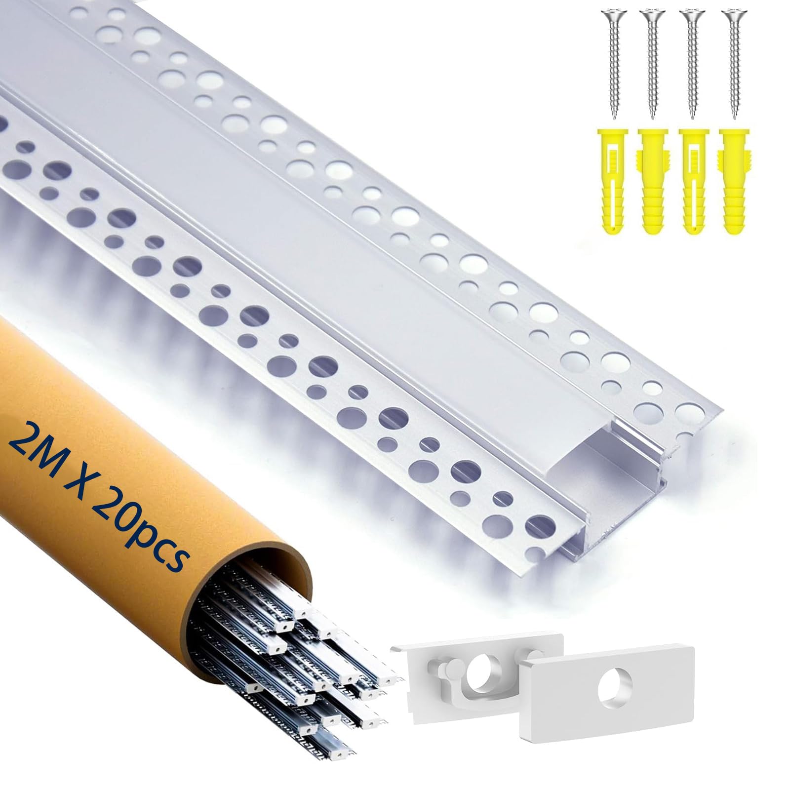 Profilo Alluminio per Strisce LED, 2m x 20 Pezzi con Morsetti e Viti, Canalina Bianca per Illuminazione e Decorazione Domestica
