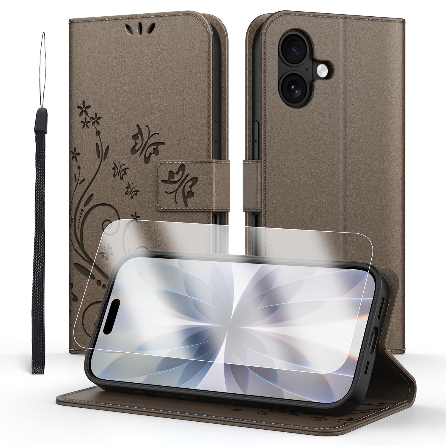 Anshow for iPhone 17 Case Wallet with Wrist Strap, Flip Leather Case with Cards Holder Phone Case with Kickstand Cover for iPhone 17, Gray