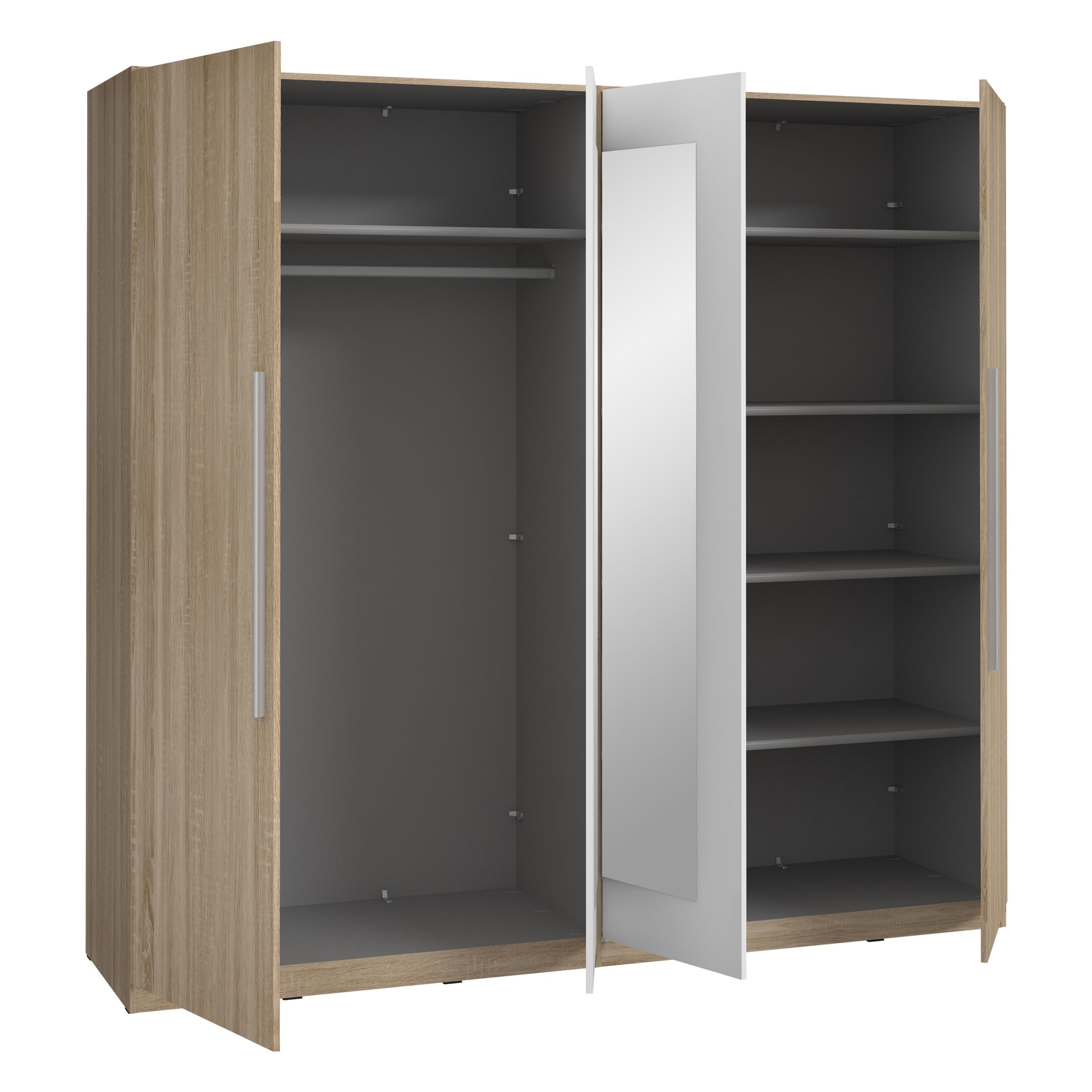 Forte Helen Kleiderschrank 230, klassischer Drehtürenschrank, 4-türig, Spiegel, Schlafzimmer, Holzwerkstoff, Sonoma Eiche Holzdekor mit Weiß, 227,5 cm breit x 212,9 cm hoch x 58,9 cm tief