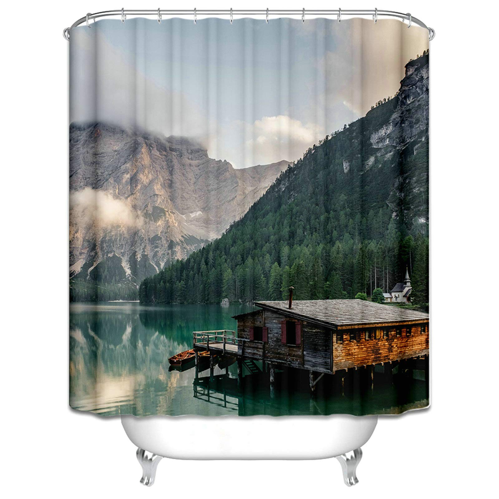 KnSam Cortina de ducha 100 % poliéster, incluye 12 anillas para colgar en la bañera, antimoho, resistente al agua, cabina de montaña, color verde, altura 90 x 180 cm