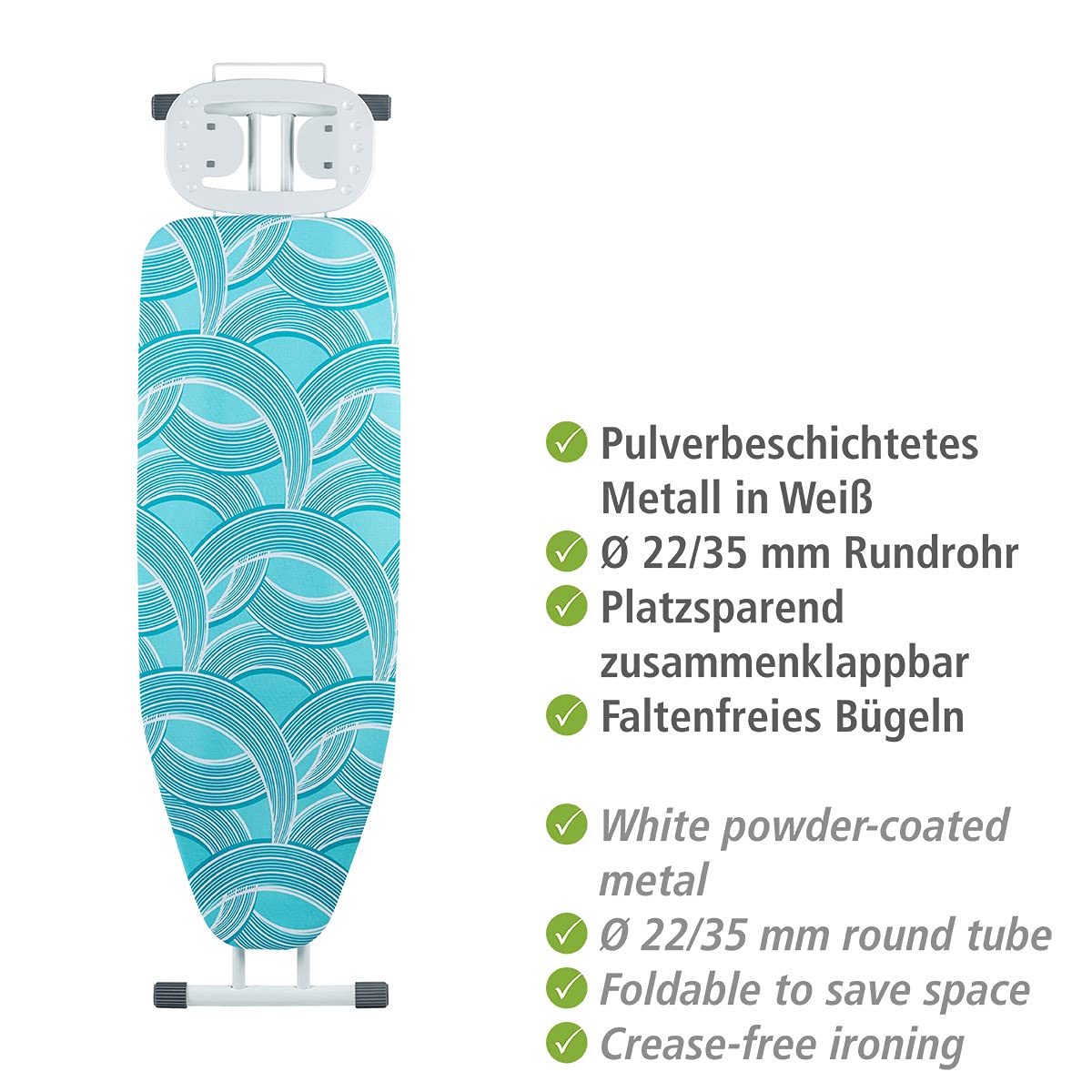 WENKO Bügeltisch Advance, Bügelbrett, dampfbügelgeeignet, höhenverstellbar 73-90 cm, besonders standfest, Rundrohr weiß Ø 22/35 mm, pulverbeschichtetes Metall, Bügelfläche 120 x 42 cm, 8 mm Polsterung